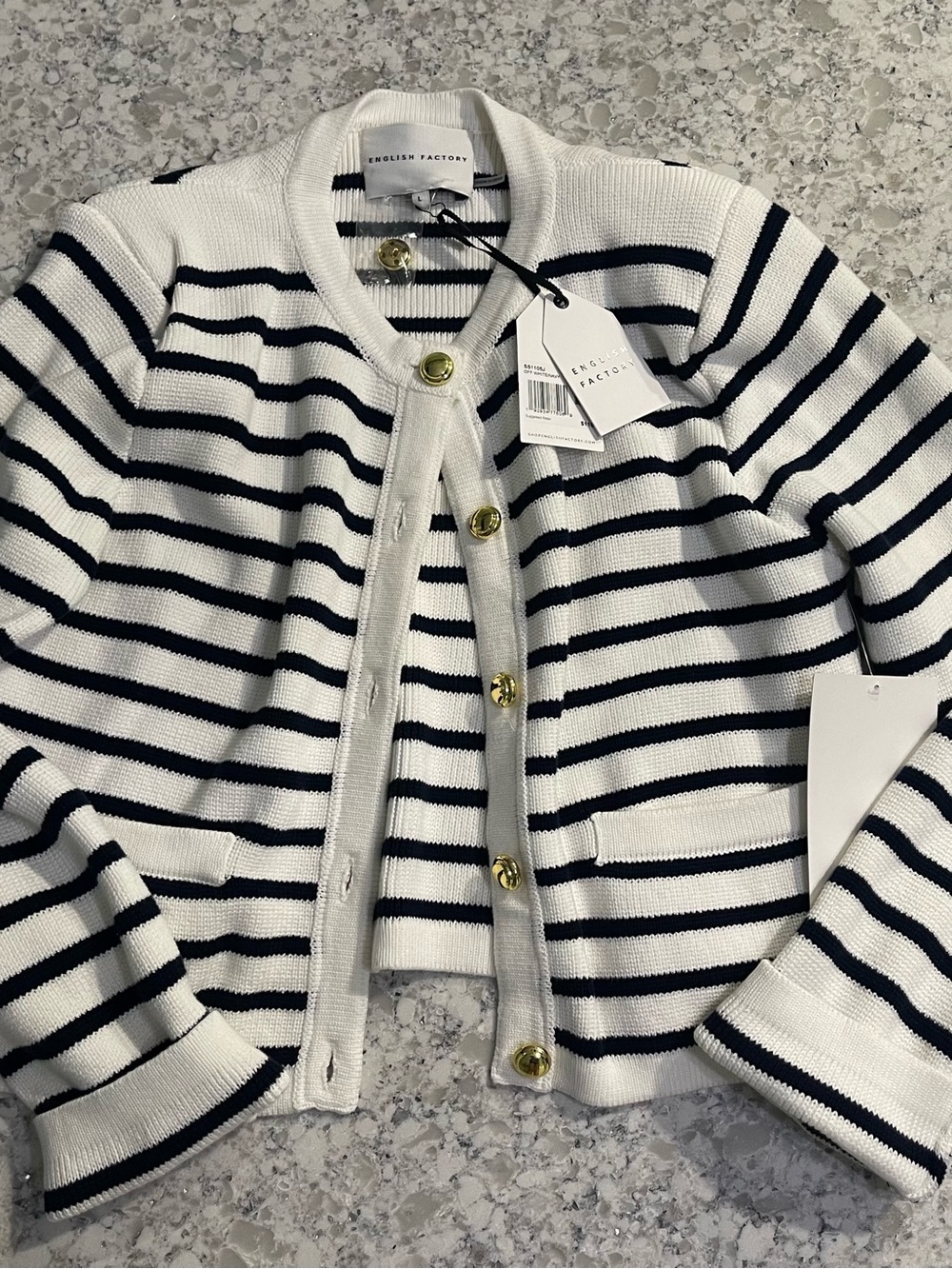 English Factory White and Navy Striped Gold-Button Cardigan